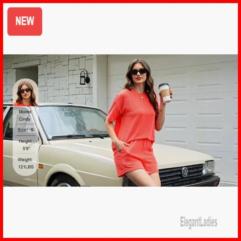 Ribbed Knit Lounge Set Short Sleeve Top and Shorts Matching Outfit